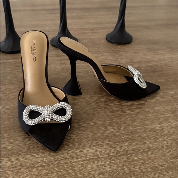 Tony Bianco Montana Mule Black Satin Open Pointed Toe Crystal Bow size 5 - Picture 8 of 8